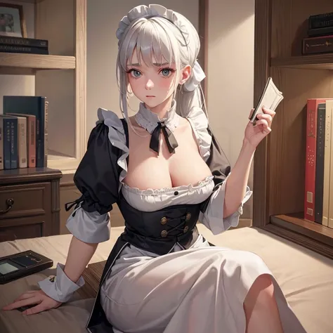 "The best quality, 4K, high-resolution, masterpiece:1.2. Ultra-detailed, realistic, portrait of a 20-year-old girl with white hair tied in a ponytail and grayish-white eyes (beautiful, detailed, perfect:1.1). She has a slightly sad expression (devastating:...