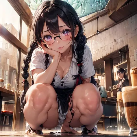 (1girl), (( squatting down on a table made of glass , spreading her legs open:1.8 )),　((a viewer is under the table, and look up her from below :1.8)), (dripping milk and syrup:1.6), looking at viewer, Perfect style,super gigantic huge breast, super gigant...