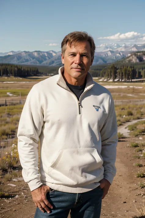 A 50-year-old strong Caucasian American man.，Wear a white half-zip sweatshirt，In the plains of the western United States，Yellowstone