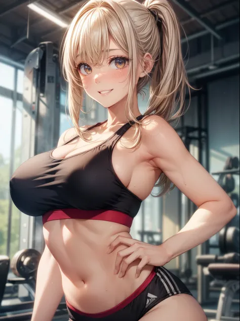 top-quality、Full limbs、complete fingers、1girl in、((one beautiful women、独奏))、Beautiful Large Breasts、Medium Hair、poneyTail、blondehair、(Black Sports Bra)、(Black spats)、Exposing your belly、abdominals、sports gym、Naughty Poses、A big smile、Sweating、streaky textu...