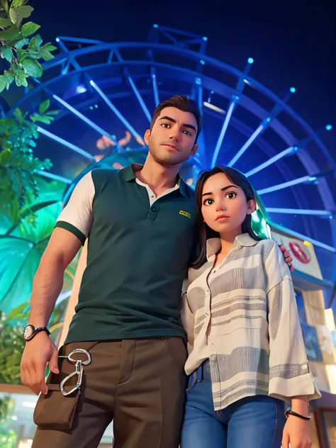 A man in green shirt and a girl in button shirt