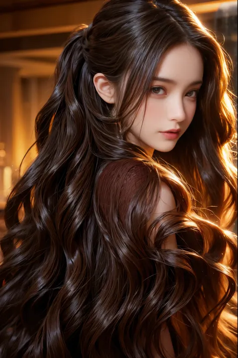 long beautiful hair, flowing lock, stunning brunette, silky smooth strands, sweet waves, Charming long hair, Cascade curls, shiny and plump, wholesome、with dynamism, Radiant hair, Luxurious mane, hair like waterfall, ornate and elegant, enviable hairstyle