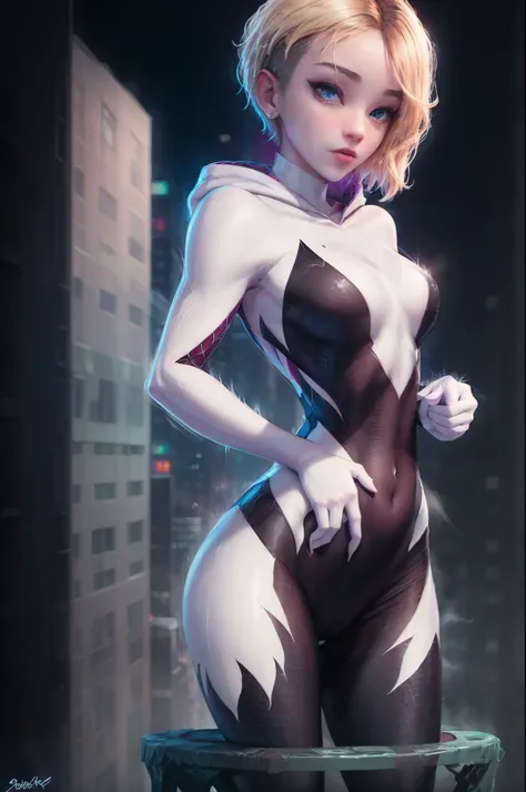 ghost spider, gwen in a black outfit with spider in the center of his chest in white, organic looking outfit, gooey forehead, symbiote, white eyes, fine art, ps5 cinematic screenshot,highly detailed detailed cinematic rendering, ultra photorealistic raytri...