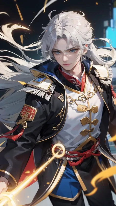 a handsome boy，Silver pendant，long  white hair，Dark blue eyes，tear-mole，Tall and tall，long leges，outdoor background，Control the golden flame，Clear facial features、Amazing facial features，ancient Chinese costume、Chinese cyberpunk，hair adornments，Ultra-compl...