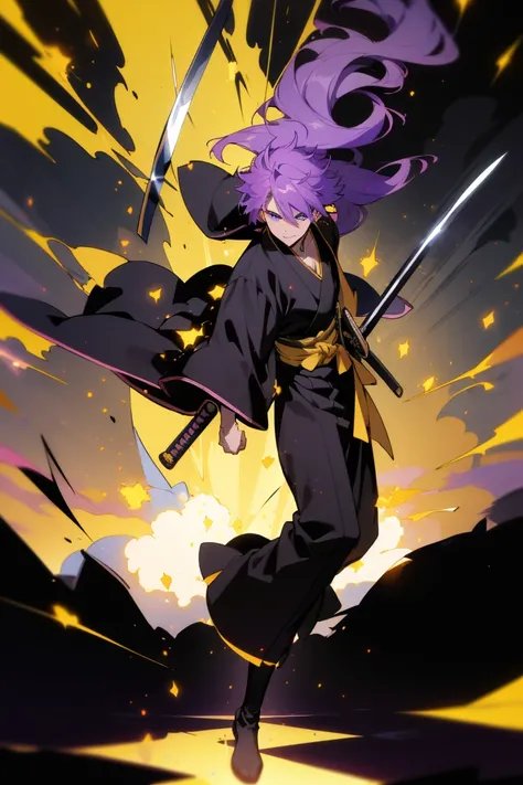 masterpiece, best quality, 1boy, trunks, purple hair, (black kimono:1.4), detailed eyes, dark purple jacket, dark yellow boots, blue eyes, (katana:1.4), zanpakutou, smiling,( at night:1.4), day, natural light, fighting pose, damaged clothes, damaged skin, ...