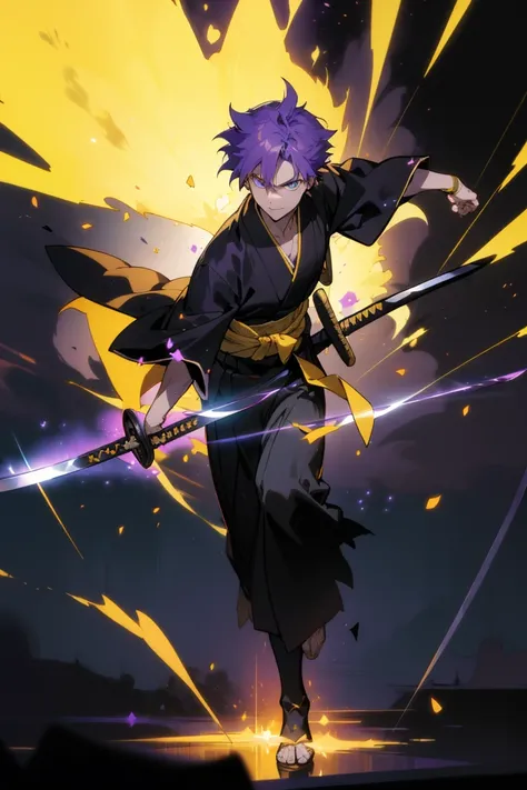 masterpiece, best quality, 1boy, trunks, purple hair, (black kimono:1.4), detailed eyes, dark purple jacket, dark yellow boots, blue eyes, (katana:1.4), zanpakutou, smiling,( at night:1.4), day, natural light, fighting pose, damaged clothes, damaged skin, ...