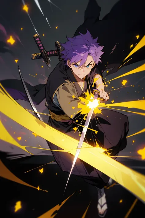 masterpiece, best quality, 1boy, trunks, purple hair, (black kimono:1.4), detailed eyes, dark purple jacket, dark yellow boots, blue eyes, (katana:1.4), zanpakutou, smiling,( at night:1.4), day, natural light, fighting pose, damaged clothes, damaged skin, ...