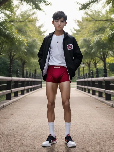 16 years old teenagers , very young , light-skin , wearing an dark red sexy underwear, tmasterpiece，k hd，the feet，Transparent sports vest，semi transparent，black long socks，The barefoot , red colour , handsome and cute , extreme cute boy , white skin , dark...