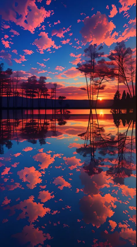 there is a beautiful sunset with a lake and trees in the background, colorful skies, surreal colors, colorful sunset, colorful sky, marvellous reflection of the sky, stunning sky, dream like atmosphere 8k, colorful clouds, colors reflecting on lake, surrea...