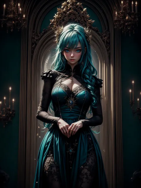 High quality anime art style，Dignified and gentle，Antique standing painting，Anime girl with teal hair，Seven-doppelganger shot，Design clothing，Splash ink background，Hair fluttering