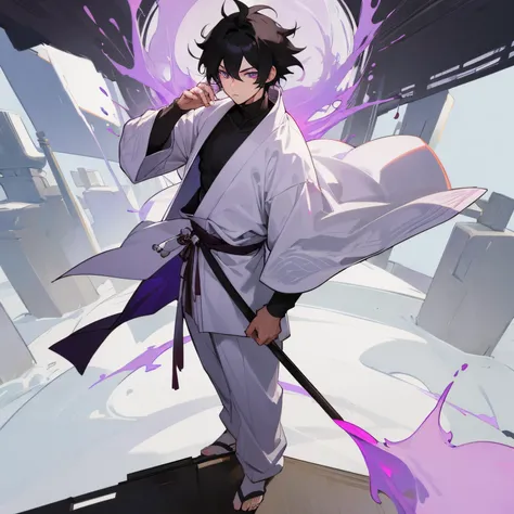 1male , black hair , purple eyes , messy hair , white Haori , ninja clothing , young boy , White Turtleneck , Temple Background , standing in white temple , Masterpiece Quality , Perfect Quality