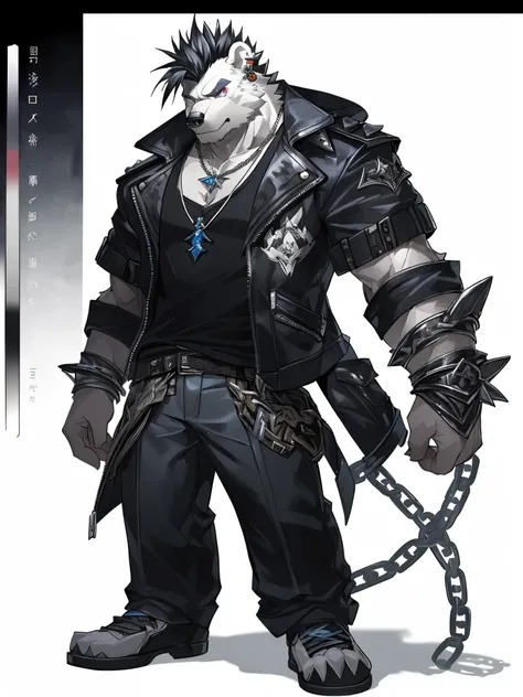 masterpiece, ultra detailed, multicolored eyes, solo focus, male, polar bear, reflective, dispersion, (spectrum:1.1), full body, shadowverse, cygames, official art, video games, digitigrade, muscular, short mohawk hair, necklace, ear piercing, gangster, sh...