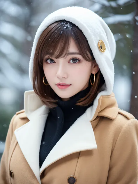 1 girl, bara_trees, Brown_eye, Brown_hair, building, coat, cross_earrings, earrings, body hair, Grooming_coat, body hair_collar, body hair_bandana, body hair_trim, jewelry, lips, Shorthair, olhando_Stelle_audience, outdoor, snow, snow, bara, trees, upon_bo...