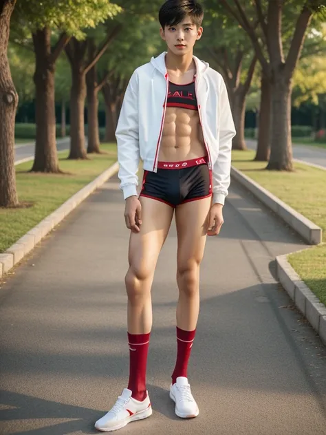 16 years old teenagers , very young , light-skin , wearing an dark red sexy underwear, tmasterpiece，k hd，the feet，Transparent sports vest，semi transparent，black long socks，The barefoot , red colour , handsome and cute , extreme cute boy , white skin , dark...