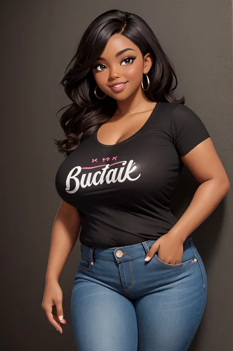 handsome and beautiful chubby black woman smirking with natural brown hair half body shot wearing a black t-shirt and jeans