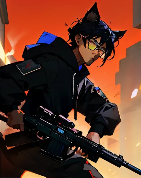 Anime style sniper boy with black cat ears holding a big anti-tank sniper rifle　Black hair and blue eyes、Black-rimmed glasses　He wears an all-black hoodie　Against the backdrop of a gunfight in a conflict zone　cyber pan style　finger on the trigger