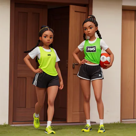 a young woman in her early 20s wearing a lime green football training bib tucked in one side into a black addidas short with 3 s...