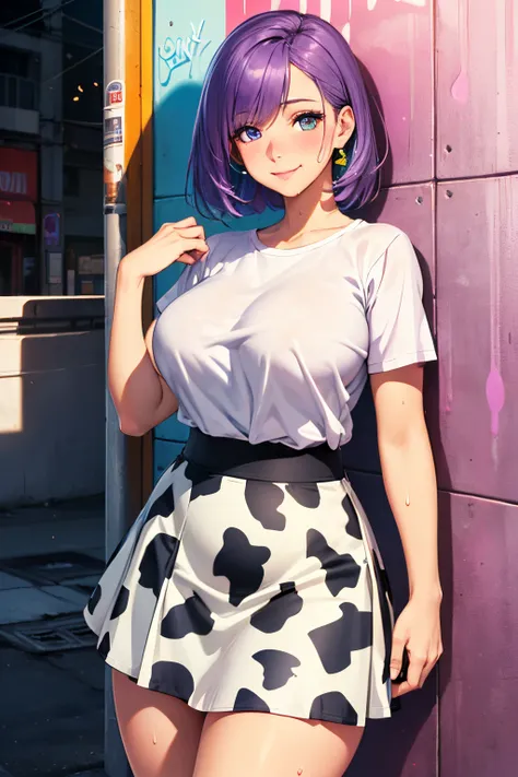 (High quality, High resolution, Fine details), Realistic, ((dairy cow pattern skirt)), standing, (Colorful Street Art Wall Background), vibrant and lively color palette, natural and soft lighting, artistic expression, solo, Curvy women, Light Purple Hair, ...