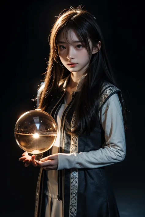 female student, starrysky, Holding a crystal ball in both hands