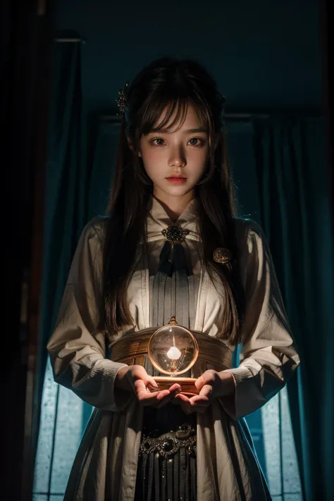 female student, starrysky, Holding a crystal ball in both hands