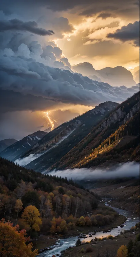 A dark and stormy mountain scene, lightning strikes, rain, low lying clouds at the base of the mountains, a river, multicolor autumn trees,