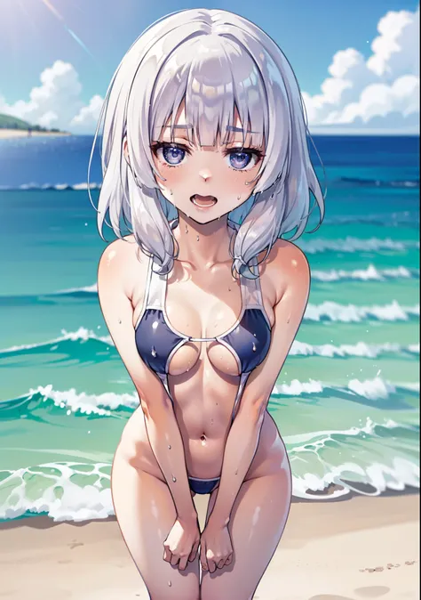 (​masterpiece:1.5)、very detailed face and eyes、(Photorealsitic:1.2)、ultra-quality、animesque、charming anime girls、Smooth Anime CG Art、(((solofocus)))、1girl in、(((Show from Previous)))、(((Slingshot Swimsuit)))、((The shape of the pubic area is clearly visible...