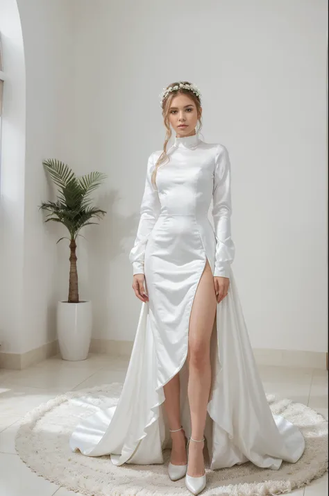 Top quality, Masterpiece, hyper HD, (Photorealistic: 1.4), RAW photo,ultra realistic, 1girl，Fashion model, unique ballgown white wedding dress, long-sleeve style, satin fabric, full body, in white room with indoor decorative palm tree，stand upright and loo...