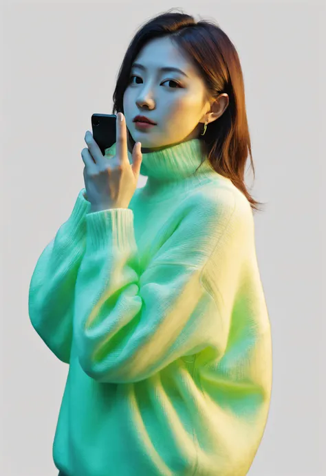 xxmix, Silhouette of japanese woman , neon light background, in the style of oversize sweater, full body, holding an mobile phone, side view,raw hand drawn style, Xxmix_Catecat, dfdd,