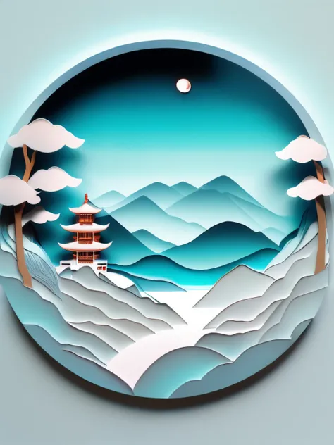 Chinese landscape illustration, three-dimensional paper cutting, paper carving, simple composition, white light cyan gradient color matching, 4K, 3D stereoscopic rendering, white background, canvas: center circle.