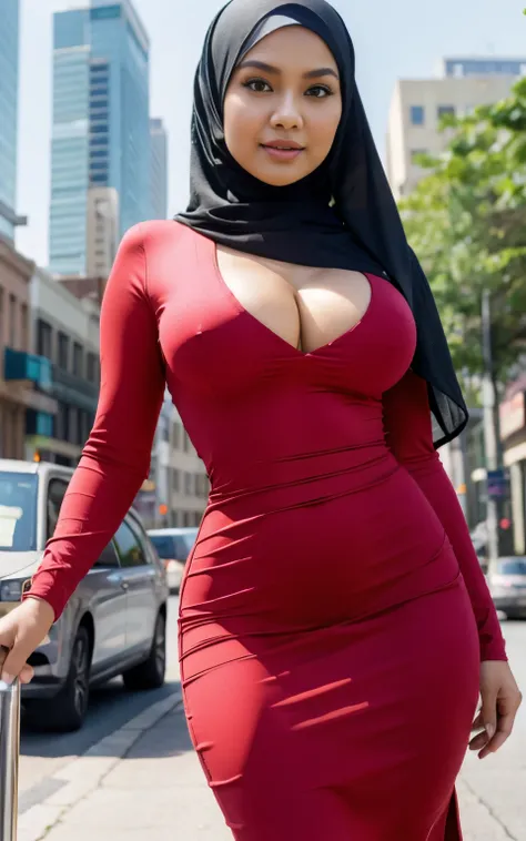 raw, best quality, high resolution, masterpiece: 1.3), beautiful malay woman in hijab,wearing pencil dress, perfect slim fit bod...