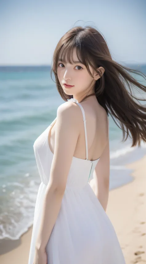 (masutepiece:1.2)Among the 8K images worthy of being called、Young woman standing on beautiful emerald green sea、Her style is meticulous.、With a delicately drawn beautiful face、Double eyelids with beautiful details that shine attractively、On its big breasts...