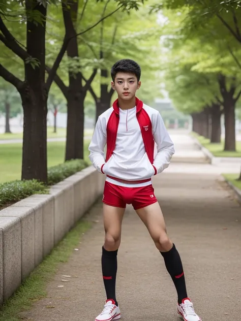 16 years old teenagers , very young , light-skin , wearing an dark red sexy underwear, tmasterpiece，k hd，the feet，Transparent sports vest，semi transparent，black long socks，The barefoot , red colour , handsome and cute , extreme cute boy , white skin , dark...