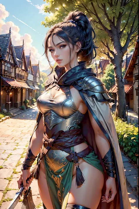 (generate a lady warrior with ponytail hair, walking down village road, villagers background, tree behind, wearing sexy armor, (luxury cloak), hold an axe, beautifull sky, beautifull scene, detail village houses, detail road, beautifull face, pretty face, ...