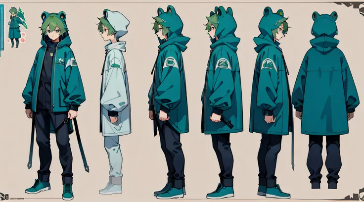 (best quality, masterpiece), 1boy, 15 yo, cool, standing boy, three view drawing, front and back and side, character sheet, full body, simple background, assault rifle,  Handsome man ,Frog Hoodie, Green hair, Blue eyes , A smile ,Face up, Solo