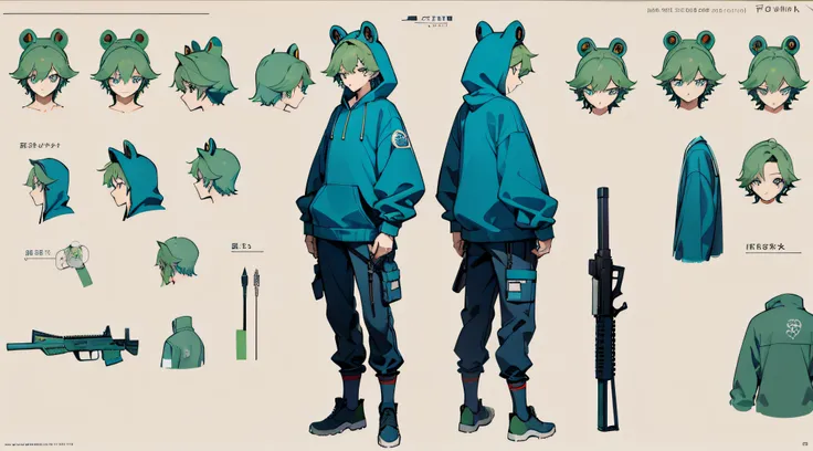 (best quality, masterpiece), 1boy, 15 yo, cool, standing boy, three view drawing, front and back and side, character sheet, full body, simple background, assault rifle,  Handsome man ,Frog Hoodie, Green hair, Blue eyes , A smile ,Face up, Solo