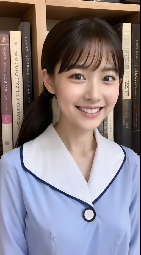 poneyTail、The face is a hostess、Dress is nurse uniform、hiquality、A hyper-realistic、healthy、Smiling expression、Slender perfect figure、Japan beauties、beautidful eyes、face perfect、Beautiful skin、The background is the library、up of face