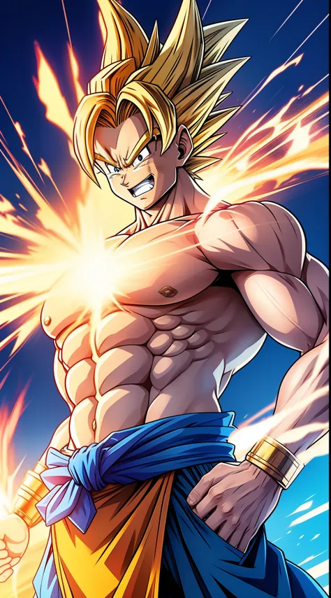 dragon ball style,(The whole body),Forward oblique upward view,Eyes are light blue, Goku Hair,Smiling, Orange street clothes, Turtle logo on the left chest of street clothes,(full bodyesbian),He is in a Kamehameha stance,Plasma is scattered