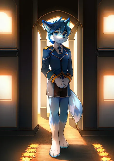 Normal situation (Furry blue fox boy), at the battlefield， The stands up，facing at the camera， ((Cool， Detailed faces, clear big eyes，eBlue eyes，Meticulous details)),  Natural soft lighting, 8K, SFV, autumnal , chill out , (furry paw), Wearing a soldiers u...