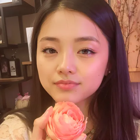 There is a woman holding a pink flower in her hand, blackpink jennie, xintong chen, Xision Wu, yanjun chengt, louise zhang, qifeng lin, wenfei ye, Young cute asian face, Nivanjantala, young asian girl, with a round face, lulu chen, chengyou liu, wenjun lin...