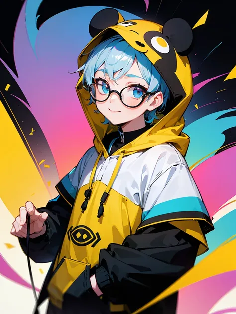 (Male child, eye glasses,A smile, silber hair)、white, yellow, Blue confetti on hood, In the style of cute cartoon-like design, Electrical color scheme, Dark white and dark bronze, Vivid color scheme, Happy Expressionism, 20mp, Dynocore), In the style of co...