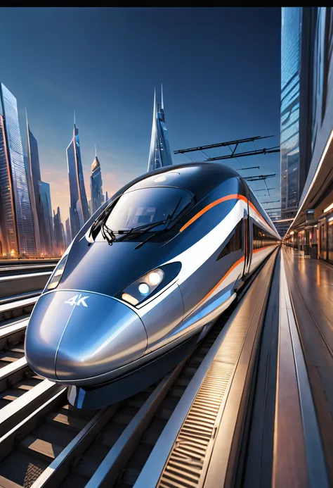 (a modern high-speed train) flying through a cityscape with towering skyscrapers, (sleek, streamlined) buildings and geometric shapes that complement the train, creating a unique artistic atmosphere. (best quality,4k,8k,highres,masterpiece:1.2),ultra-detai...