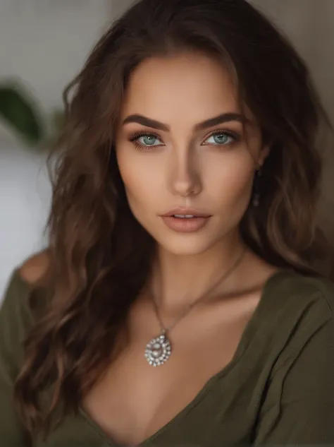 arafed woman with a white tank top and a necklace, sexy girl with green eyes, portrait sophie mudd, brown hair and large eyes, selfie of a young woman, bedroom eyes, violet myers, without makeup, natural makeup, looking directly at the camera, face with ar...