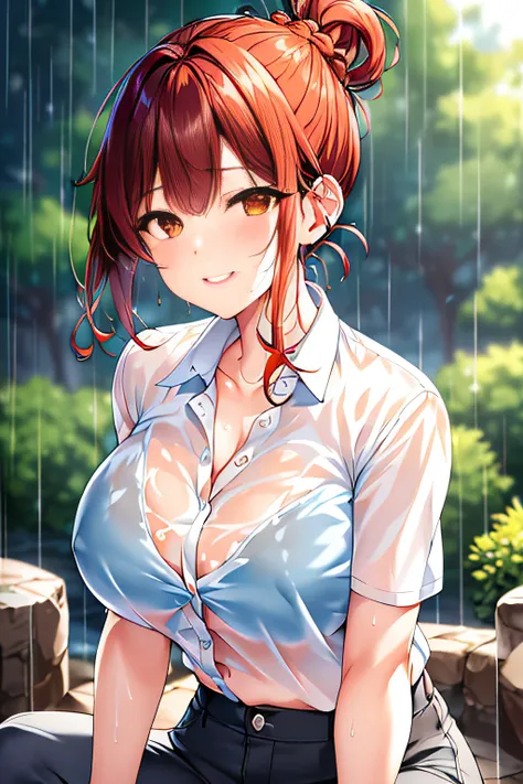 (a park),Rain,Wet body, Sexy wet woman,wet round face,very beautif. Big wet breasts,I can see through my wet pure white shirt., wet skin wet hair,She wears red bra underwear under her shirt,Cargo pants,close up,(Wet shiny silver and orange striped short ha...