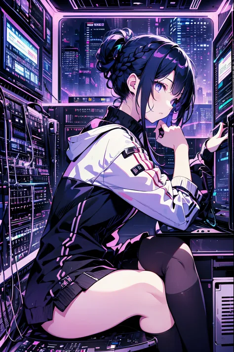 Very young girl, Black mask, White skin, code on computer, hacker style, Curve,sitting on、Seen from the side、deep purples, Dark, Hair braid, Dark blue hair, cables, Retro, Cyberpunk, data center background, dark purple theme, nightcity