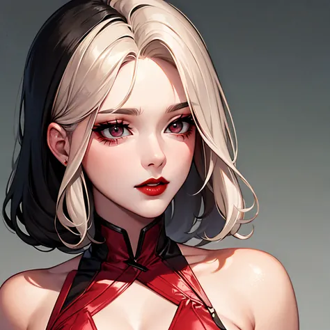 The woman. wavy shoulder-length hair. Black hair with white blonde streaks in front. hair combed back. Scarlet red suit. red lipstick on the lips.