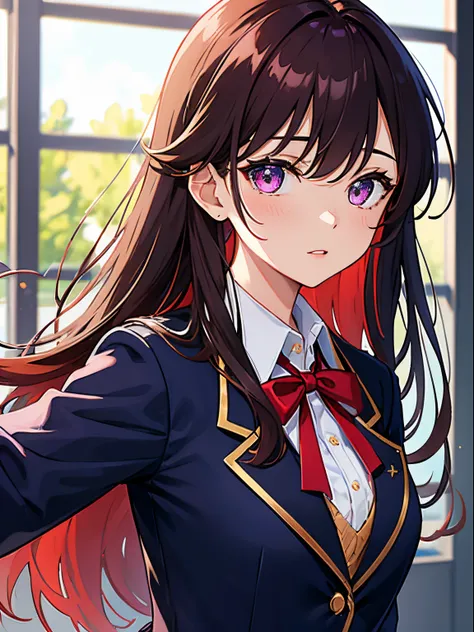 Glitter Idol、high-level image quality、Brown hair long hair、Navy blue blazer school uniform with red ribbon、Reddish-purple eyes、Dynamic movement、school classrooms、Vibrant colors、Bust-up shot, Delicate drawing、