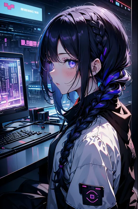 Very young girl, Black mask, White skin, code on computer, hacker style, Curve,sitting on、Seen from the side、deep purples, Dark, Hair braid, Dark blue hair, cables, Retro, Cyberpunk, data center background, dark purple theme, nightcity