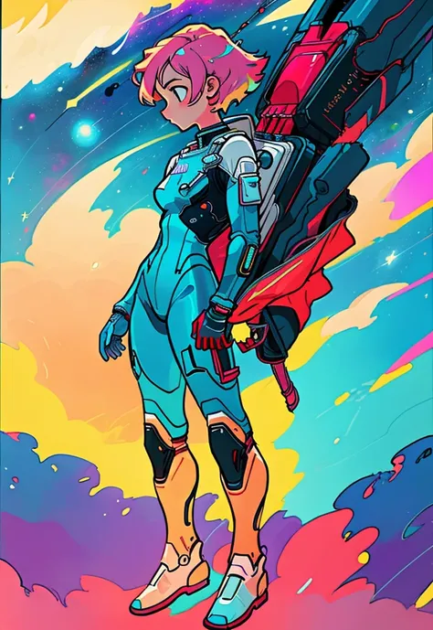 female, Full body astronaut looking at the sky in the middle of a colorful hurricane cartoon, space_bodysuit, hips, profile view