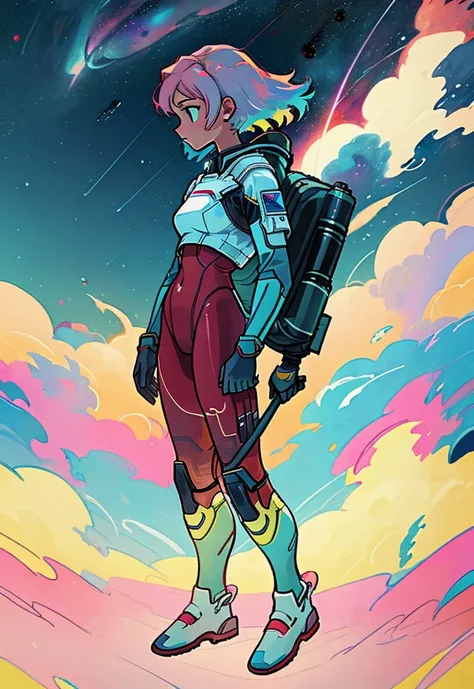 female, Full body astronaut looking at the sky in the middle of a colorful hurricane cartoon, space_bodysuit, hips, profile view