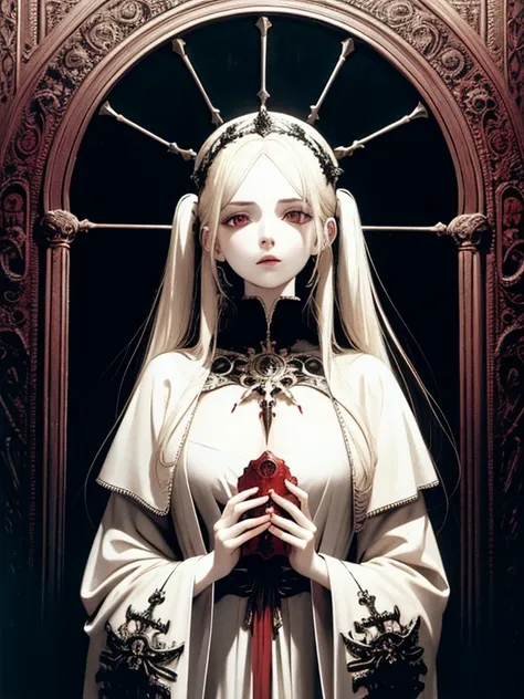 pale young divine gothic priestess, twintails, pure white skin, rust decay, Beautiful full body symmetrical portrait, Delicate blonde hairstyle, crimson eyes, dark red elegant gothic armor, encrusted with red gems, dark cathedral, masterpiece, Highest imag...